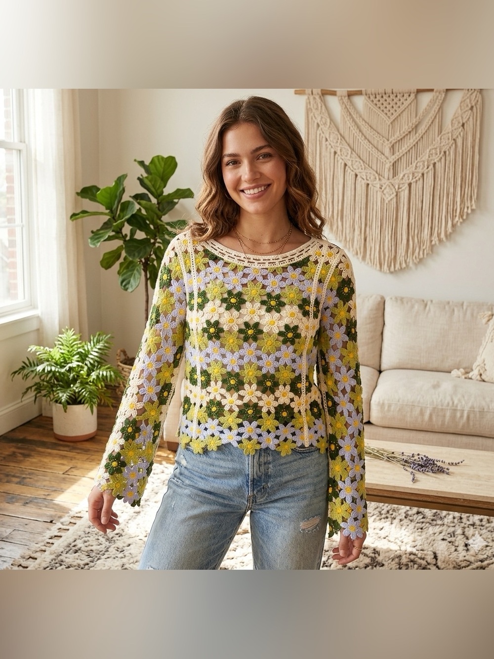 Cato Multicolor Crochet Floral Lace Pullover - White, Yellow, Green, Lavender